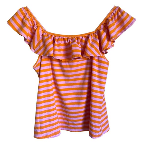 Cato Size XL Pink Orange Striped Ruffle Top Square Neck - Picture 1 of 6